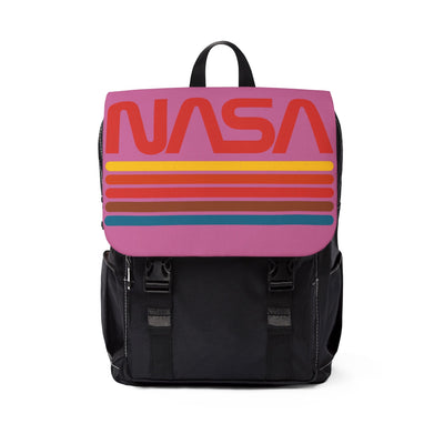 NASA unisex casual backpack with colorful striped flap, black body, adjustable straps, and multiple compartments for travel and daily use