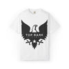 White TRV Rising Eagle Tee with black eagle graphic and "Top Rank Vintage" text, made from soft garment-dyed fabric