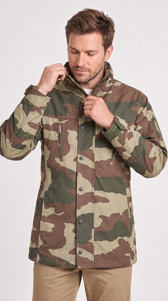 A man wearing a woodland camouflage jacket with a high collar and snap-button front, paired with khaki pants, against a plain light gray background.