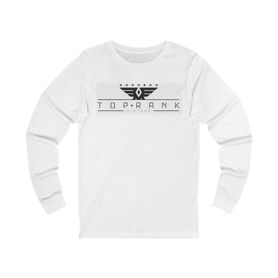 White vintage graphic long sleeve tee with "Top Rank" logo, unisex casual style shirt
