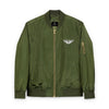 TRV Eco-Friendly green embroidered army fatigue bomber jacket made from recycled polyester with utility sleeve pocket and YKK zipper