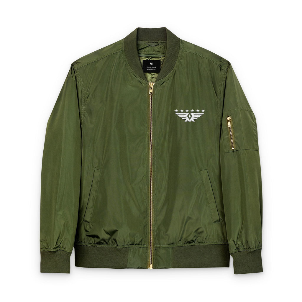 TRV Eco-Friendly green embroidered army fatigue bomber jacket made from recycled polyester with utility sleeve pocket and YKK zipper
