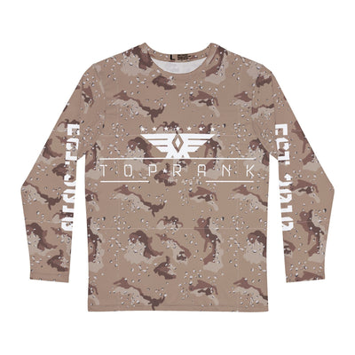 Unisex vintage graphic long sleeve tee with camouflage design and "Top Rank" logo on front and sleeves, casual and lightweight.