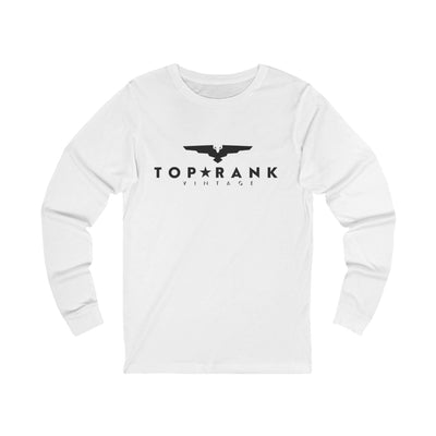 White unisex vintage graphic long sleeve tee with "Top Rank Vintage" text and eagle logo, casual style
