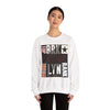 Woman wearing white crewneck sweatshirt with Brooklyn NYC vintage graphic design