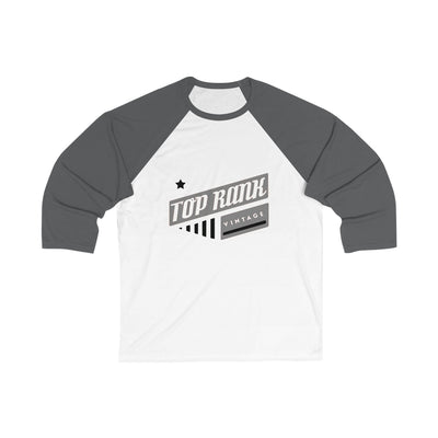 White and dark gray TRV unisex 3/4 sleeve baseball tee with "Top Rank Vintage" graphic on front