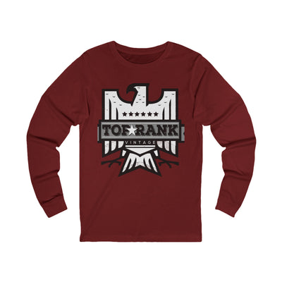 Maroon vintage graphic long sleeve tee with eagle emblem and "Top Rank Vintage" text, casual unisex style