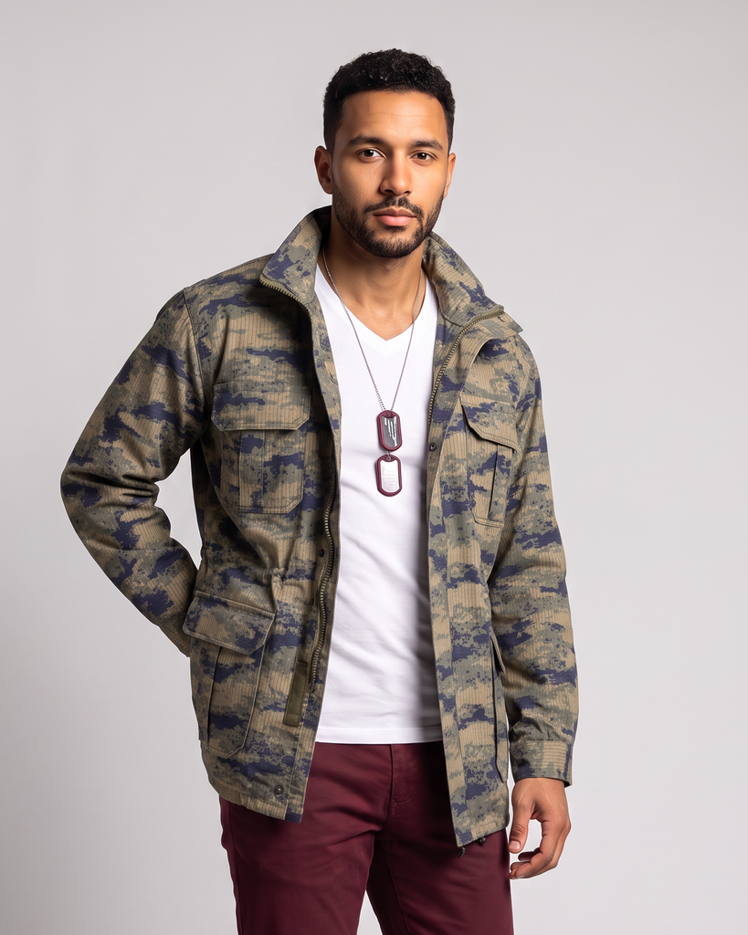 A man wearing a camouflage utility jacket over a white t-shirt and burgundy pants, standing against a solid gray studio background.
