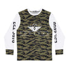 Men's TRV Tiger Camo Crewneck Sweatshirt with white long sleeves and printed logo design
