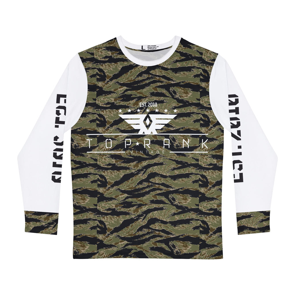 Men's TRV Tiger Camo Crewneck Sweatshirt with white long sleeves and printed logo design