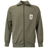1980s Austrian Bundesheer Army sports track jacket, olive green with emblem, zip-up front.