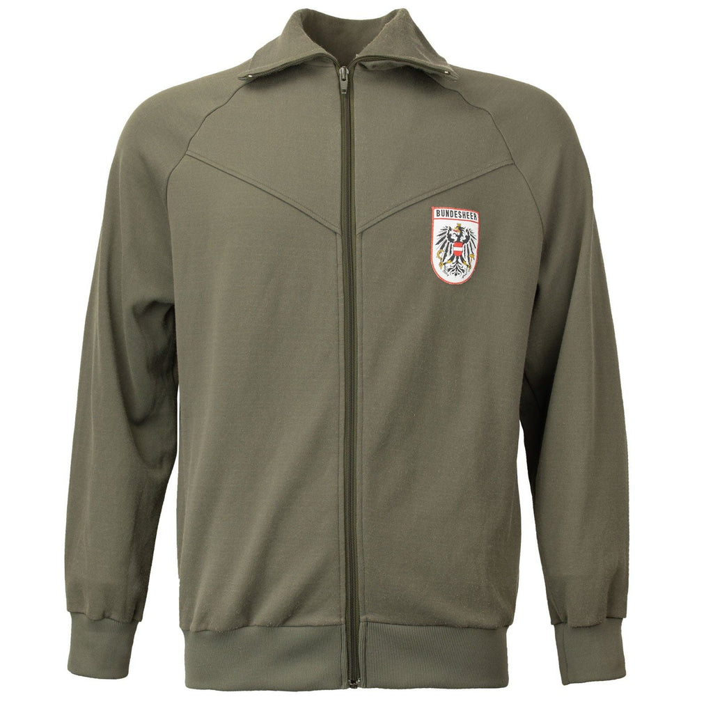 1980s Austrian Bundesheer Army sports track jacket, olive green with emblem, zip-up front.