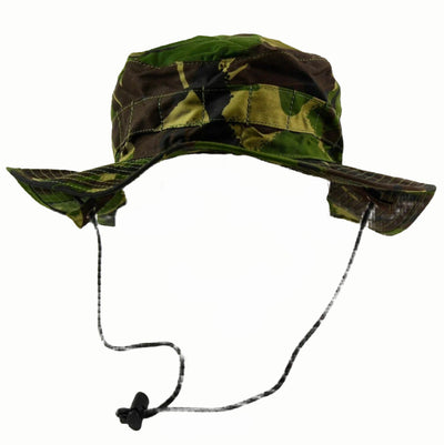British DPM Camo bucket boonie hat with adjustable chin strap and vent openings, lightweight and breathable military design
