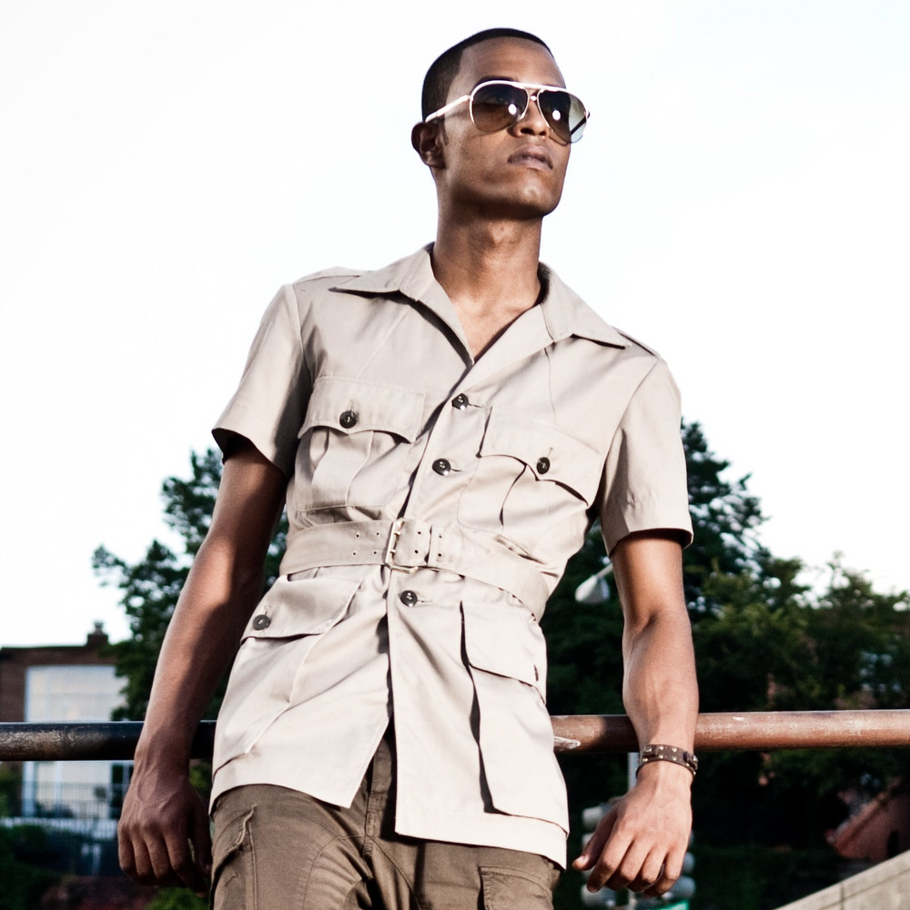 MENS 1950s British Khaki RAF Short Sleeve Safari Shirt w/ belt