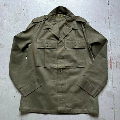 1950s WWII American-style Dutch Army HBT cotton marine field shirt, vintage military design.