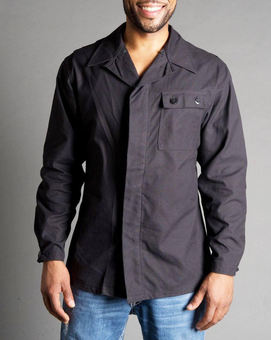 DDR East German Black Cotton Canvas Tanker's Utility Style Button-up Shirt