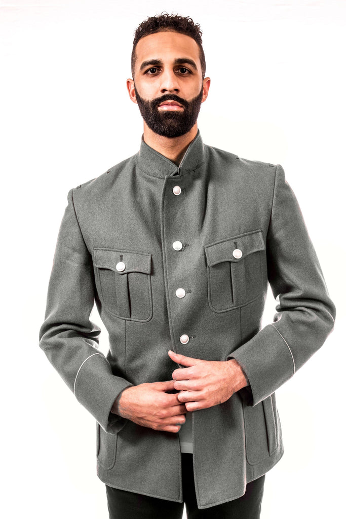 DDR East German Army gray wool jacket with four pockets and authentic insignia.