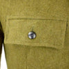 Close-up of Soviet Style Romanian vintage khaki wool jacket pocket with pewter metal button