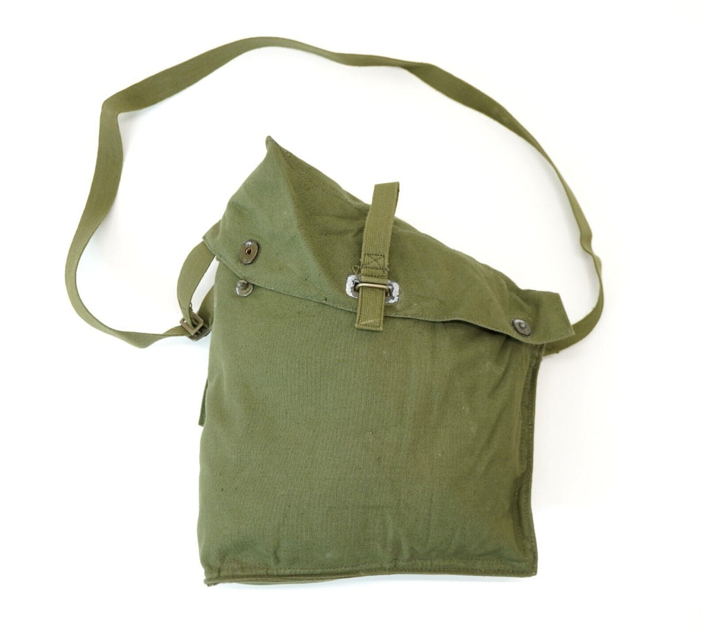 Swedish M59 army green canvas shoulder bag with strap, designed for Swedish gas mask storage.
