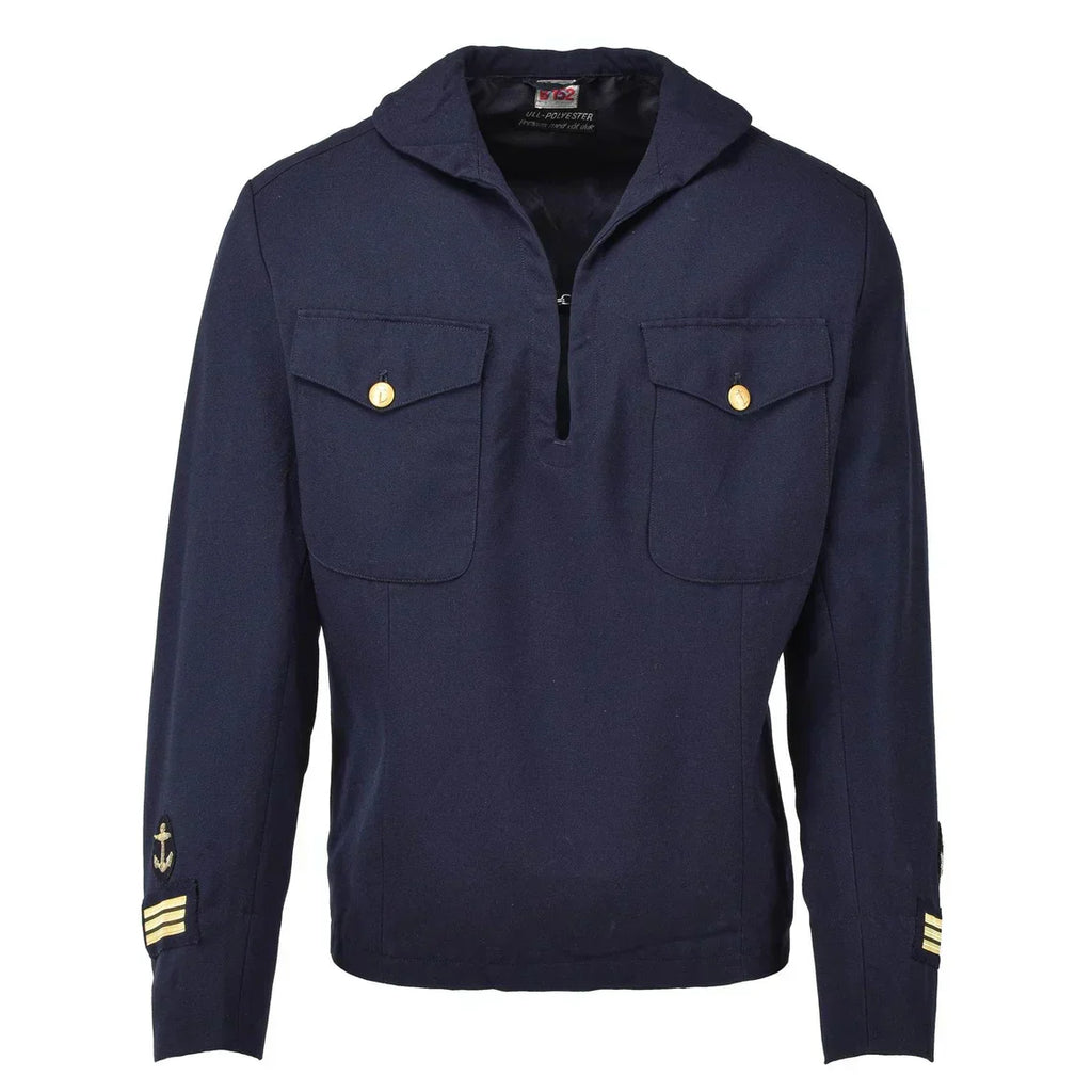 Swedish Navy brass button middy jumper shirt with anchor emblem on sleeve.