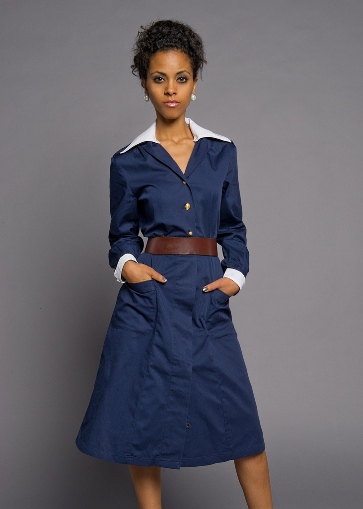 vintage Swedish blue navy cotton long-sleeve dress with removable white collar and cuffs and gold brass buttons