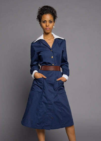 vintage Swedish blue navy cotton long-sleeve dress with removable white collar and cuffs and gold brass buttons
