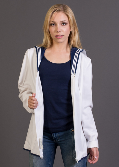 Ladies British Royal Navy retro lightweight white middy shirt jumper with blue collar and central zipper opening