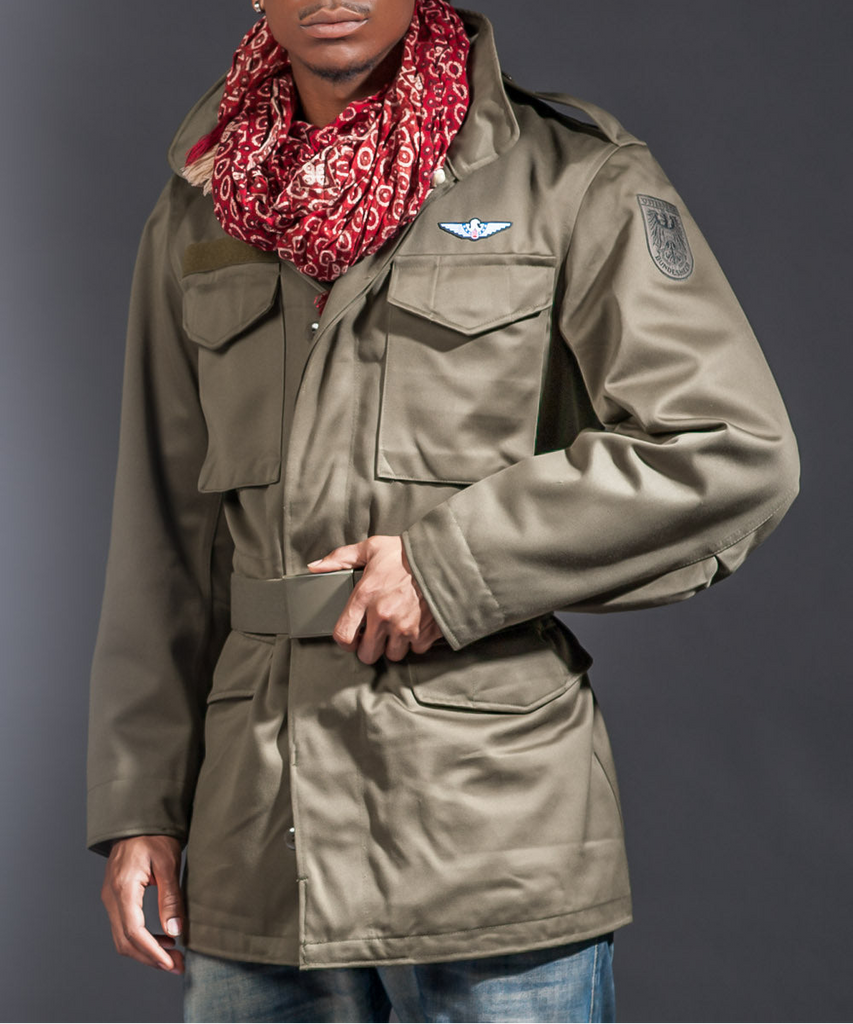 Dark olive Bundesheer Austrian military M65 jacket with button pockets and belt on model