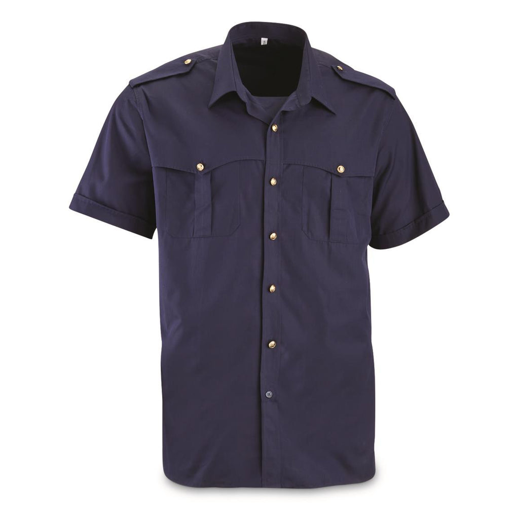 Italian Military blue short sleeve safari style shirt with gold-tone buttons and chest pockets.