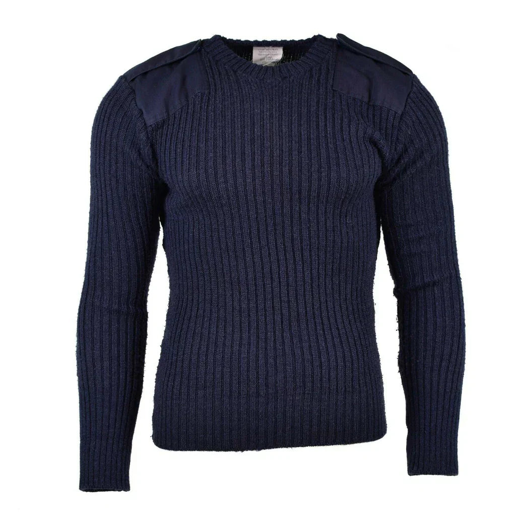 British Royal Navy commando style wool sweater, unworn, navy blue design.