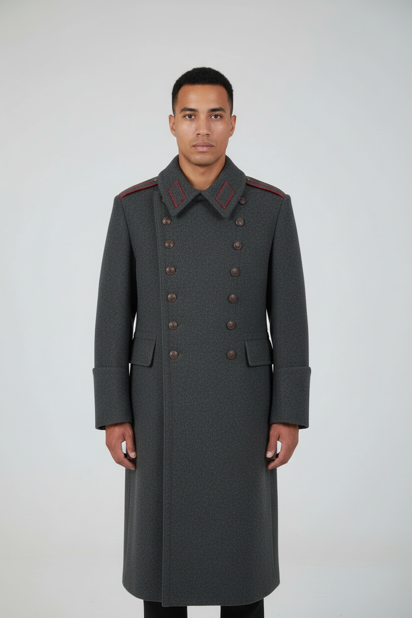 1980's Bulgarian Charcoal Gray Wool Double Breasted Overcoat