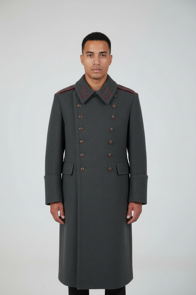 1980's Bulgarian Charcoal Gray Wool Double Breasted Overcoat