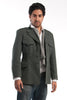 Man wearing a gray coat, white shirt, and jeans on a white background