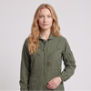 An olive green one-piece jumpsuit shown on a model in three studio views against a light gray background.
