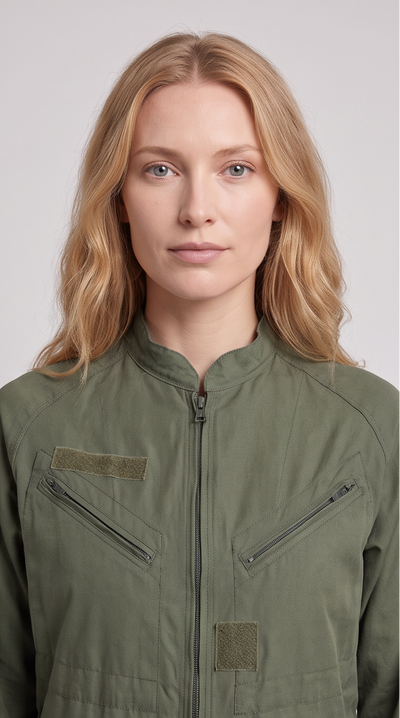 A four-panel collage showing a woman modeling an olive green one-piece jumpsuit. The panels include full-body views and close-up chest and face views against a light gray studio background.