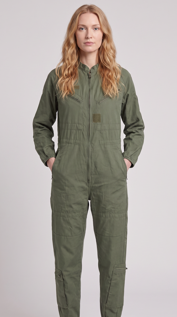A woman modeling an olive green one-piece jumpsuit with a front zipper, chest pockets, and cargo-style pockets on the legs, photographed against a plain light gray studio background.