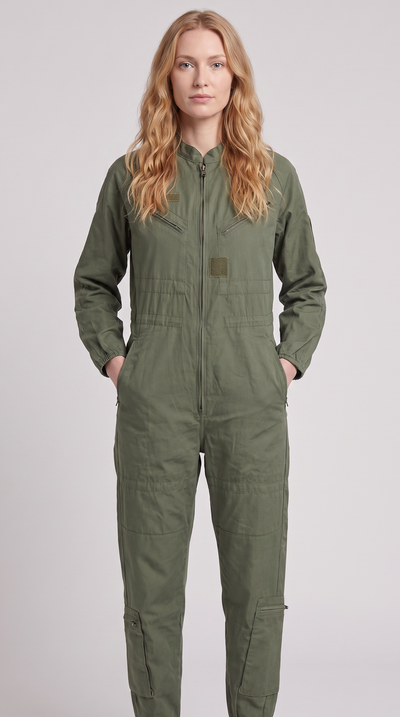 A woman modeling an olive green one-piece jumpsuit with a front zipper, chest pockets, and cargo-style pockets on the legs, photographed against a plain light gray studio background.