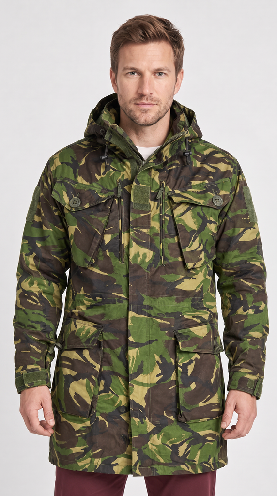 A man wearing a hooded camouflage parka jacket with multiple front pockets, photographed against a plain light gray studio background.