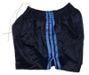 A pair of dark navy blue athletic shorts with three vertical light blue stripes down the front and a white drawstring at the elastic waistband, laid flat on a light beige textured surface.