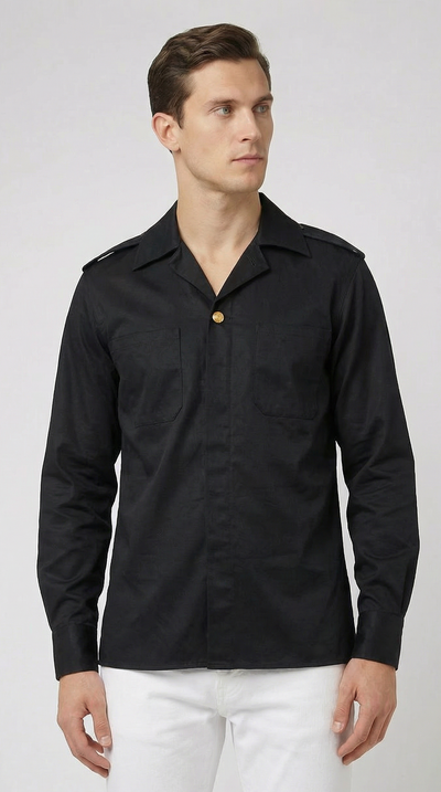 Man wearing a black long-sleeve shirt with a collar on a white background