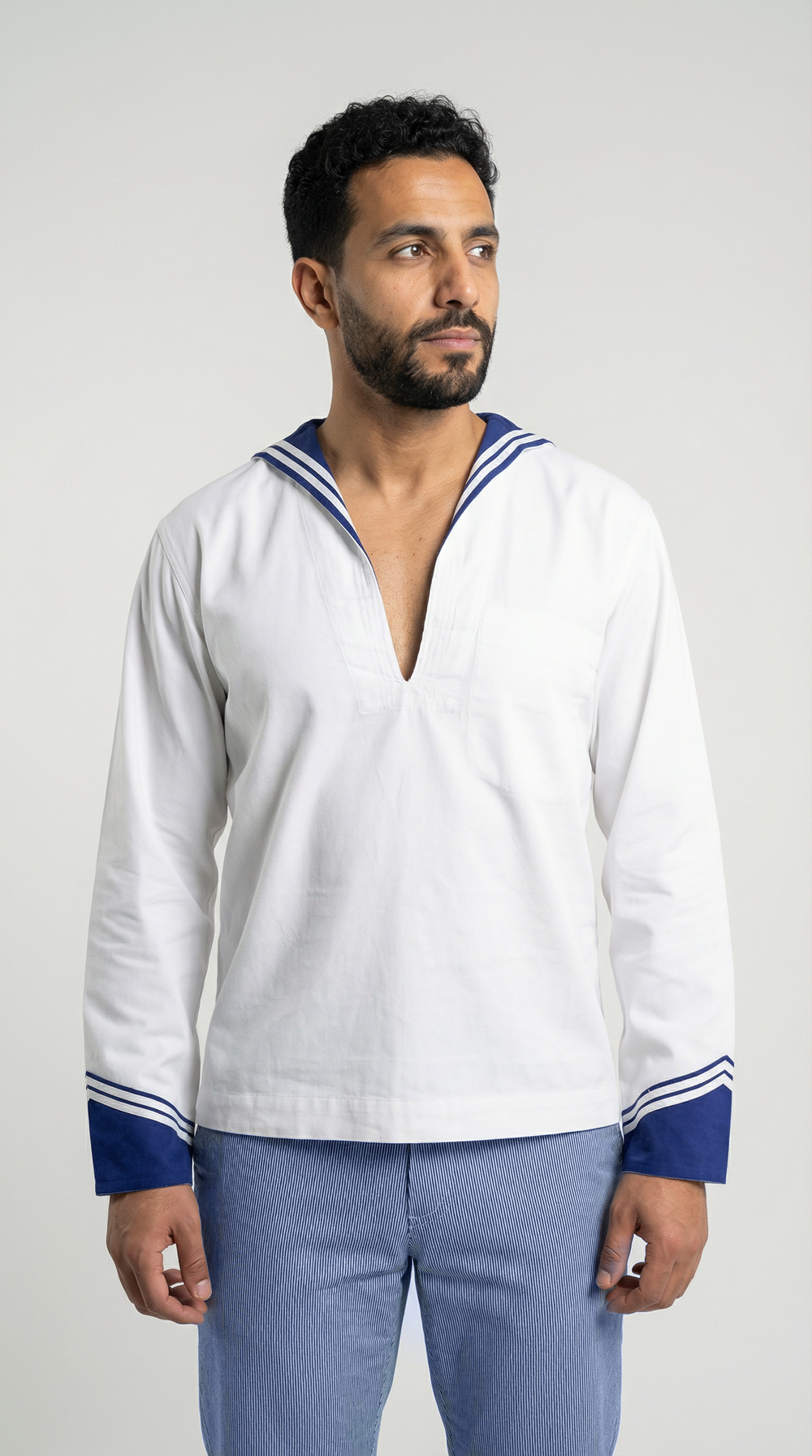 Italian Navy Marina Military White Blue Lightweight Warm Weather Nautical Shirt Middy