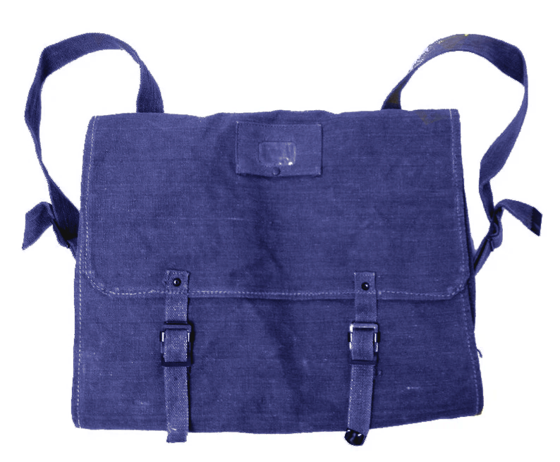 1950s Italian Navy Blue cotton canvas messenger shoulder satchel bag with black leather straps.