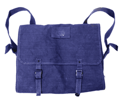 1950s Italian navy blue cotton canvas messenger satchel bag with black leather straps.