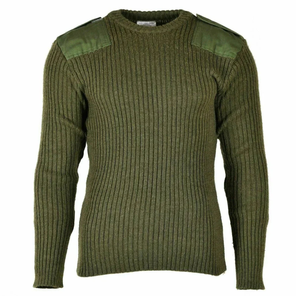 British Army Olive Drab Commando Style Sweater, unworn, ribbed knit, shoulder patches.