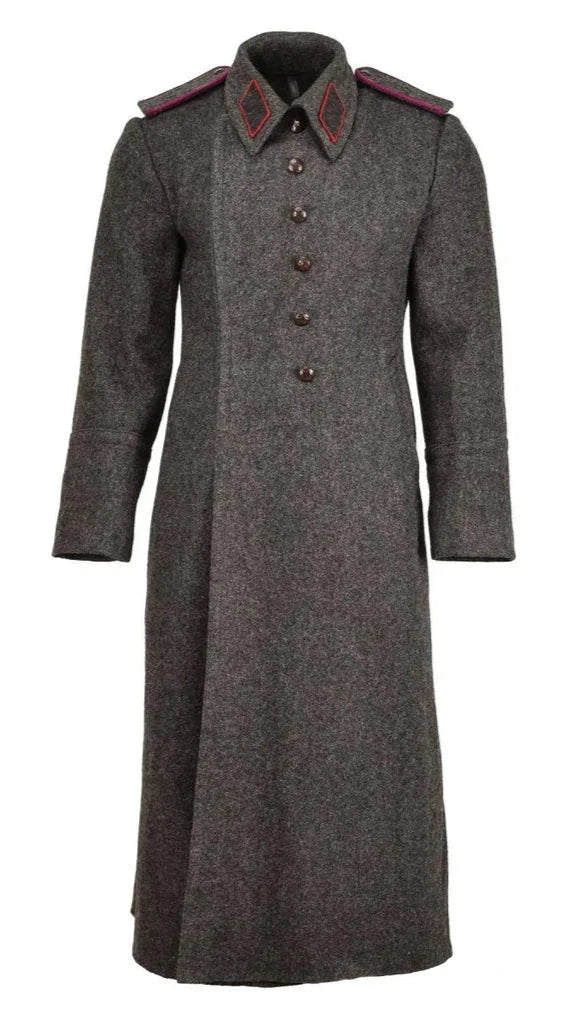 1980s Warsaw Pact Bulgarian charcoal gray wool overcoat with button closure and tapered design
