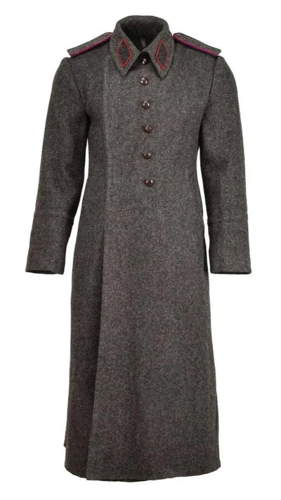 1980s Warsaw Pact Bulgarian charcoal gray wool overcoat with button closure and tapered design