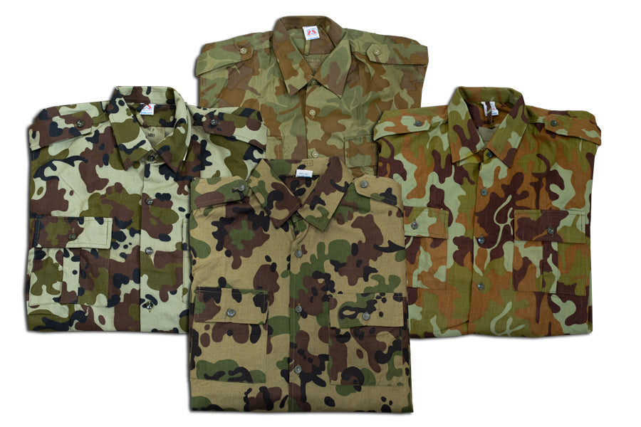 1990s Romanian camo button-up shirts in varying camouflage patterns.