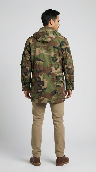 Man wearing a camouflage parka jacket on a white background