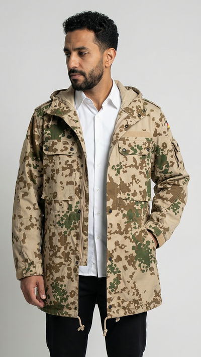 Man wearing a camouflage jacket on a white background