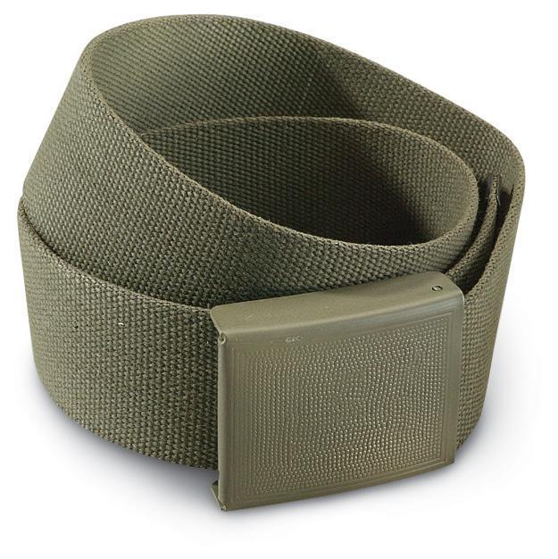 Vintage German army combat belt with thick metal buckle and olive cotton-blend canvas.